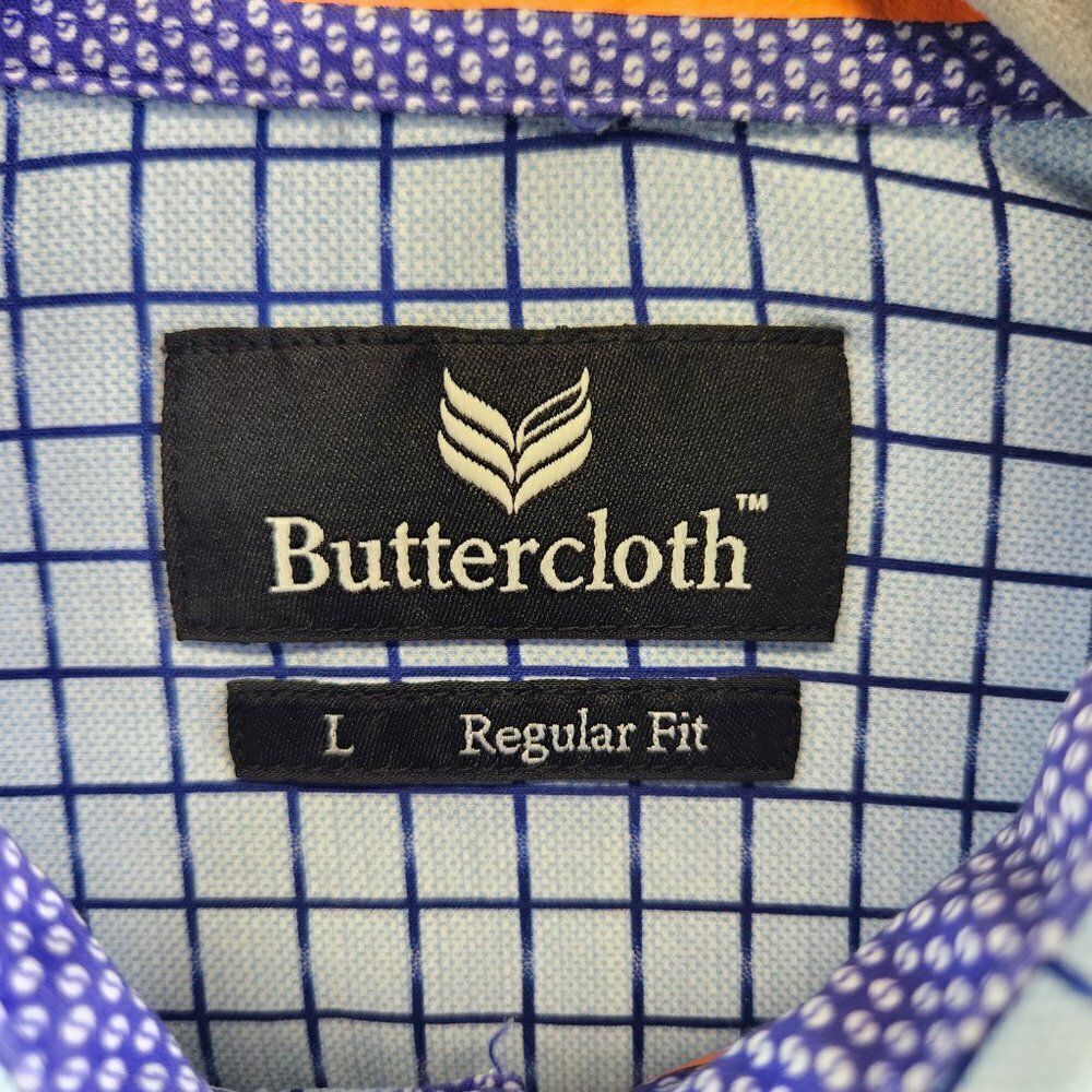 Butter Cloth Shirt Mens Large Blue Grid Check Flip Cuff Regular Fit Lightweight - Picture 9 of 16